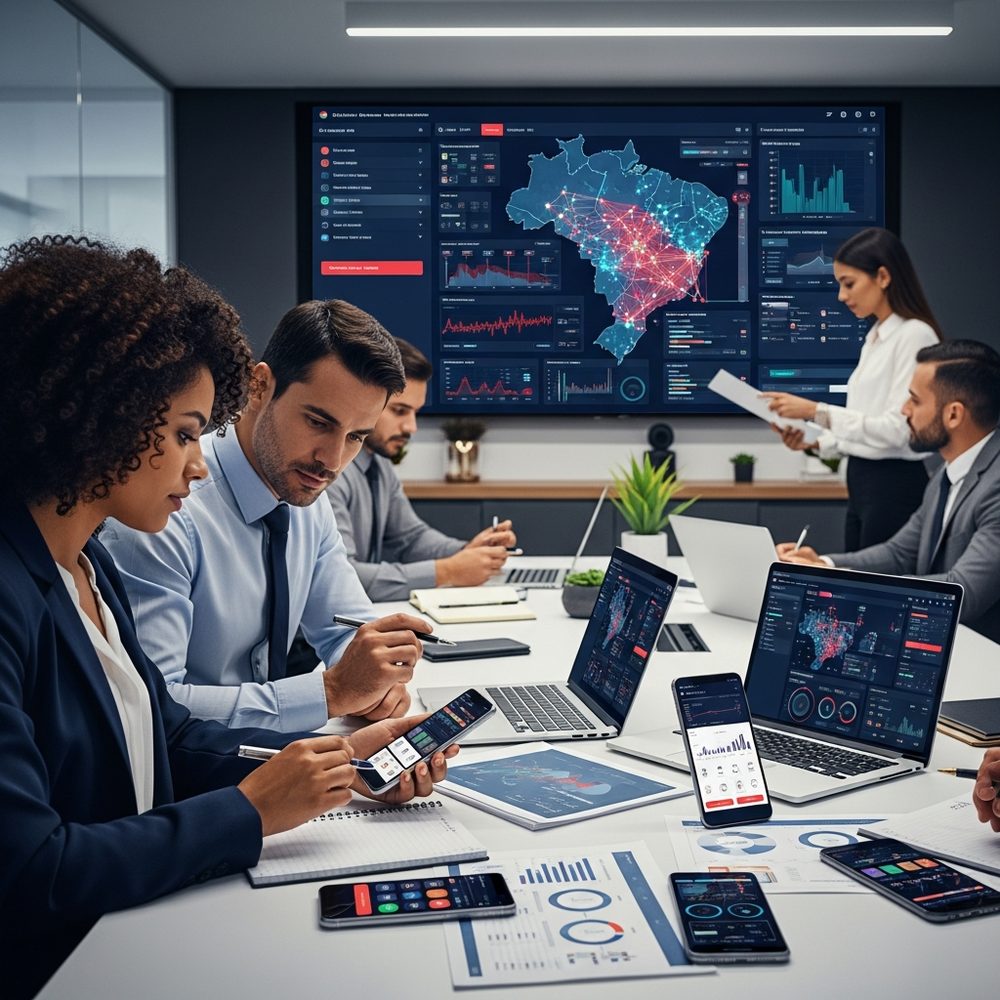 Equipe analisando dashboards de inteligência comercial